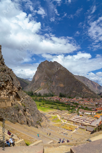 View of inca archaeological site with the Sun Temple, Ollantaytambo, Peru