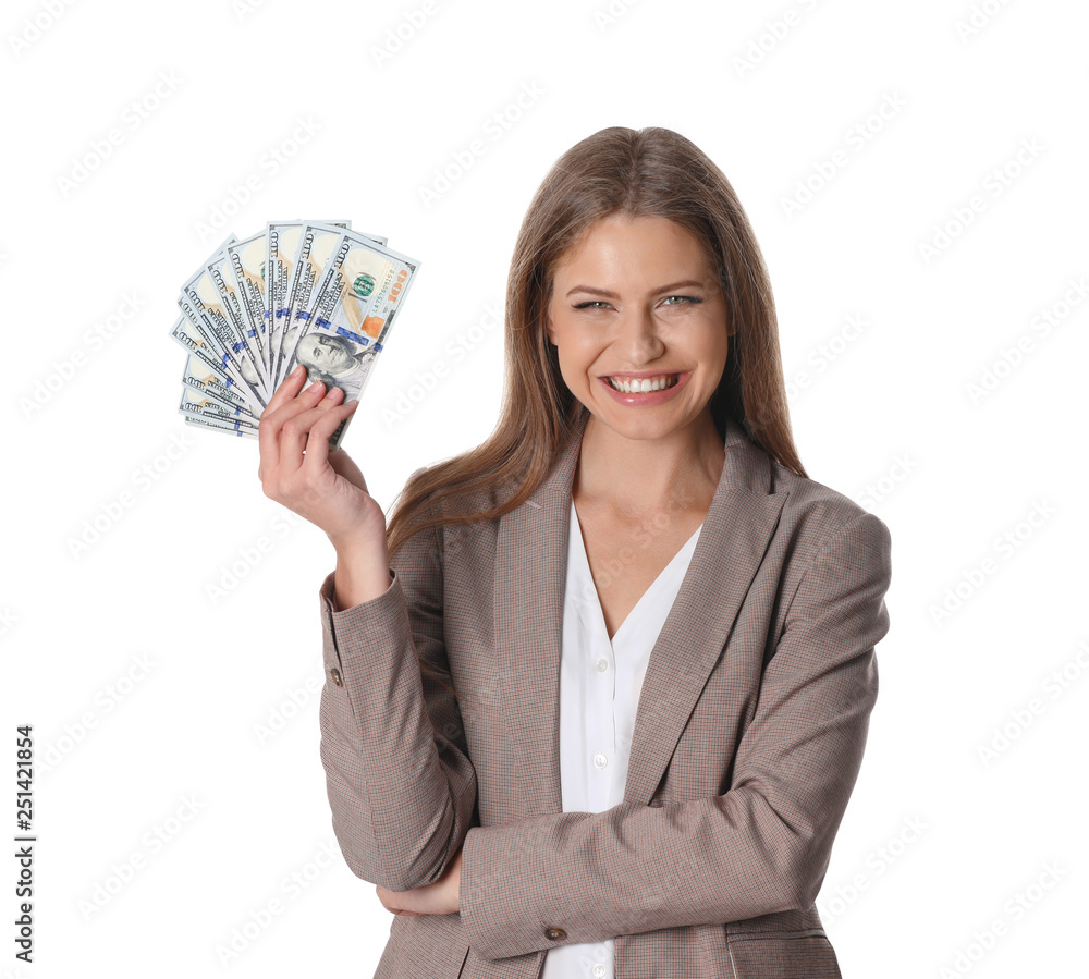 Portrait of happy young businesswoman with money on white background Portrait of happy young businesswoman with money on white background