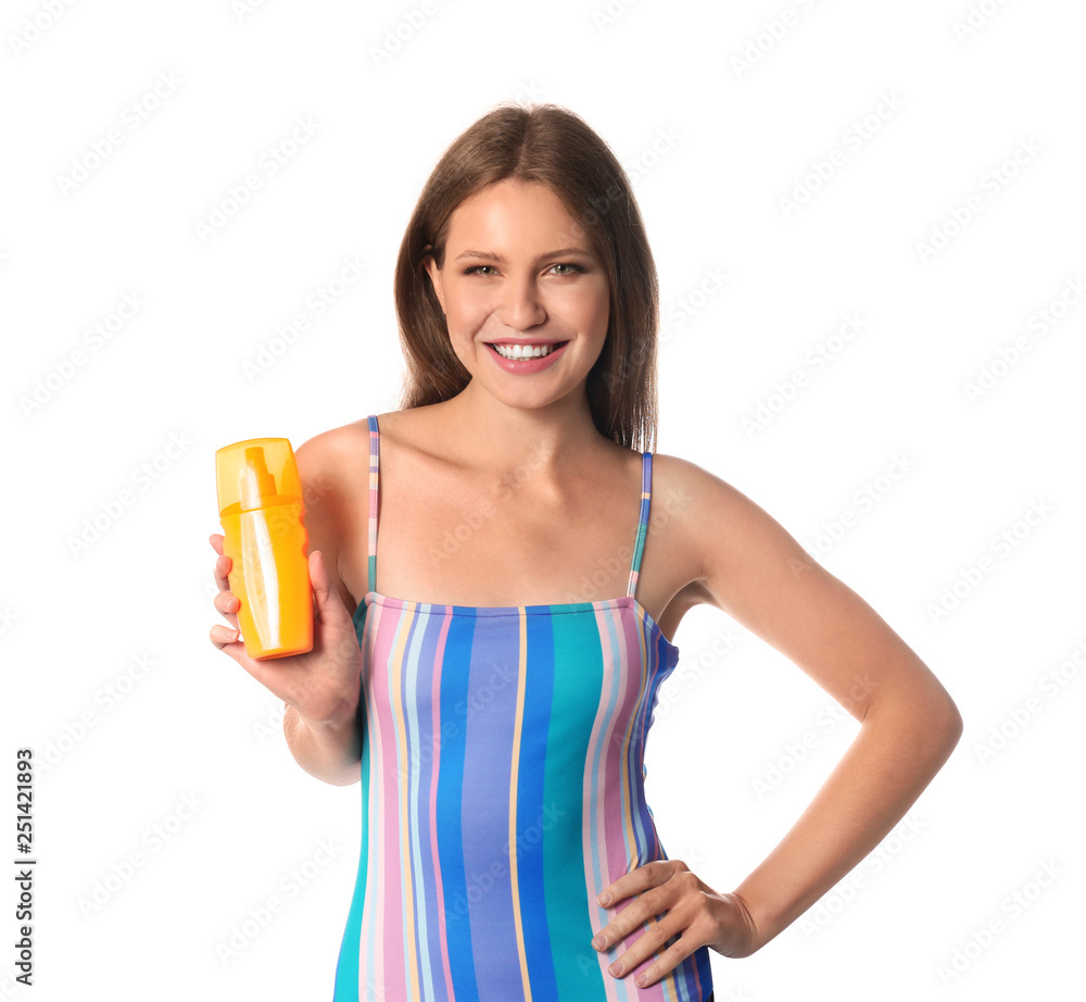 Woman with bottle of sun protection body cream on white background Woman with bottle of sun protection body cream on white background