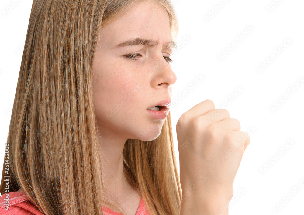 Teenage girl suffering from cough isolated on white Teenage girl suffering from cough isolated on white