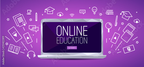 Online education banner with screen of laptop and outline icons on violet background. Training courses, e-learning, distance learning