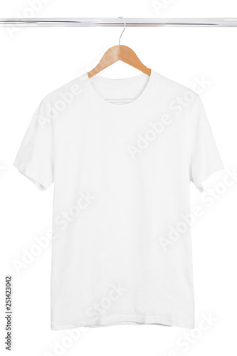 Blank white t-shirt on hanger isolated on white background. White tshirt mockup