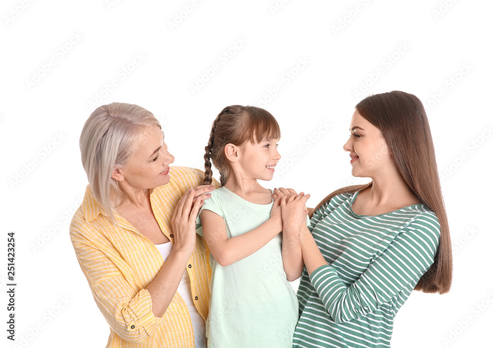 Portrait of beautiful mature woman with daughter and grandchild on white background Portrait of beautiful mature woman with daughter and grandchild on white background