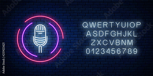 Neon sign with microphone in round frame. Nightclub with live music icon. Glowing street sign of bar with karaoke