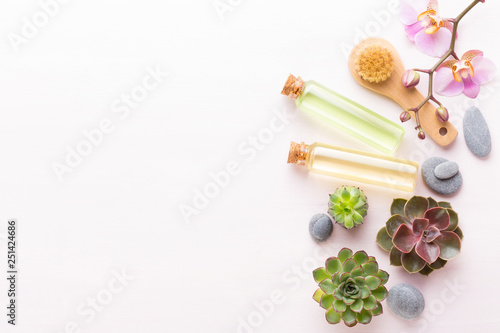 Spa background with handmade bio cosmetic and cactus composition, flat lay, space for a text - Image.