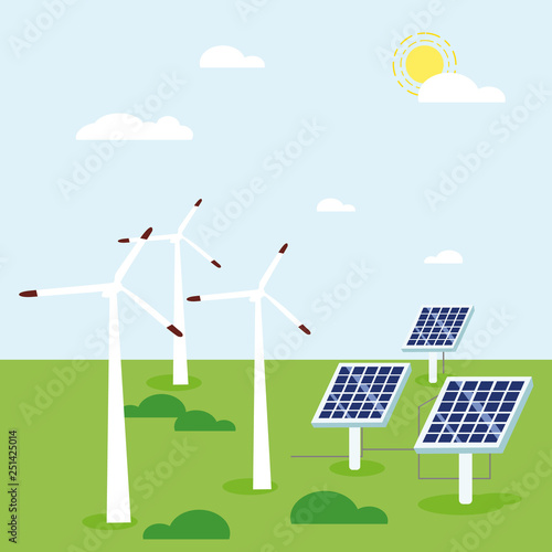 energía renovable, energía solar, energía eólica. ilustración - vector