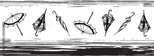 Vector seamless border with open and closed hand drawn umbrellas. Lined pattern. Endless sketch black illustration on white background