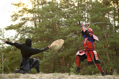 Fototapeta Samurai fight with ninjas on a background of forest and sand