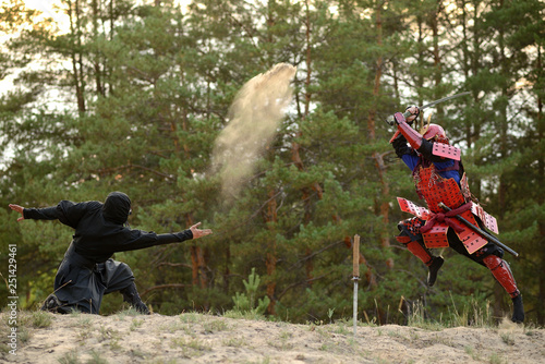 Samurai fight with ninjas on a background of forest and sand