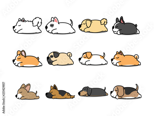 Lazy dog sleeping cartoon icon set, vector illustration