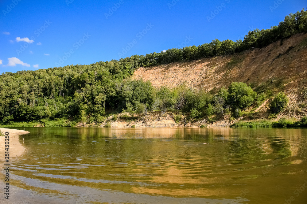 Beautiful summer landscape, sandy beach, river, blue sky Beautiful summer landscape, sandy beach, river, blue sky