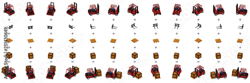 Twelve forklifts with boxes in isometric. Different objects for editing.