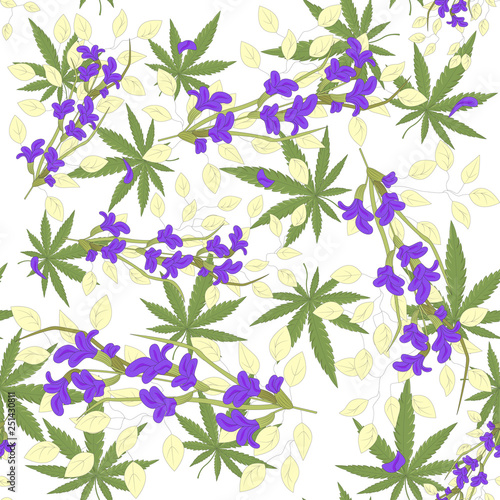 Cannabis leaves with flowers pattern. Marijuana and flowers pattern. Cannabis pattern. Vector illustration.