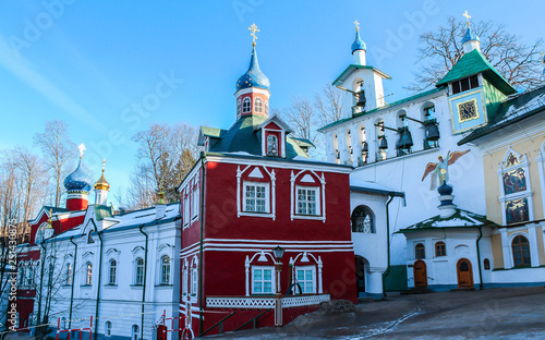 Uspenskaya square with Sacristy and belfry in the Pskov-Caves Holy Dormition Monastery. Pechory, Russia