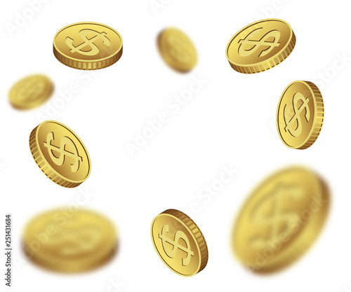 Flying dollar coins on a white background.