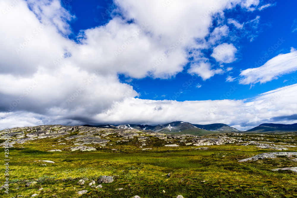 blue sky clouds summer norway mountains field