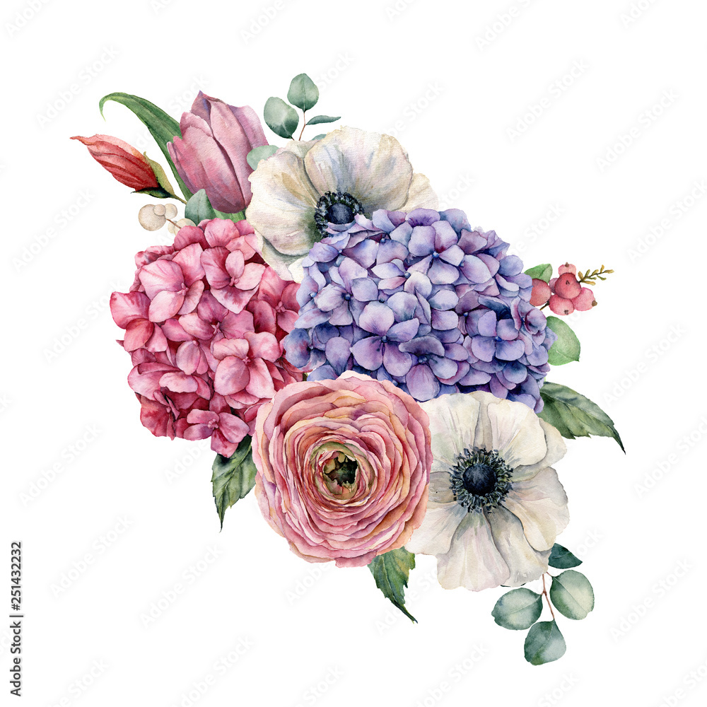 Watercolor hydrangea flowers bouquet. Hand painted pink and violet ...
