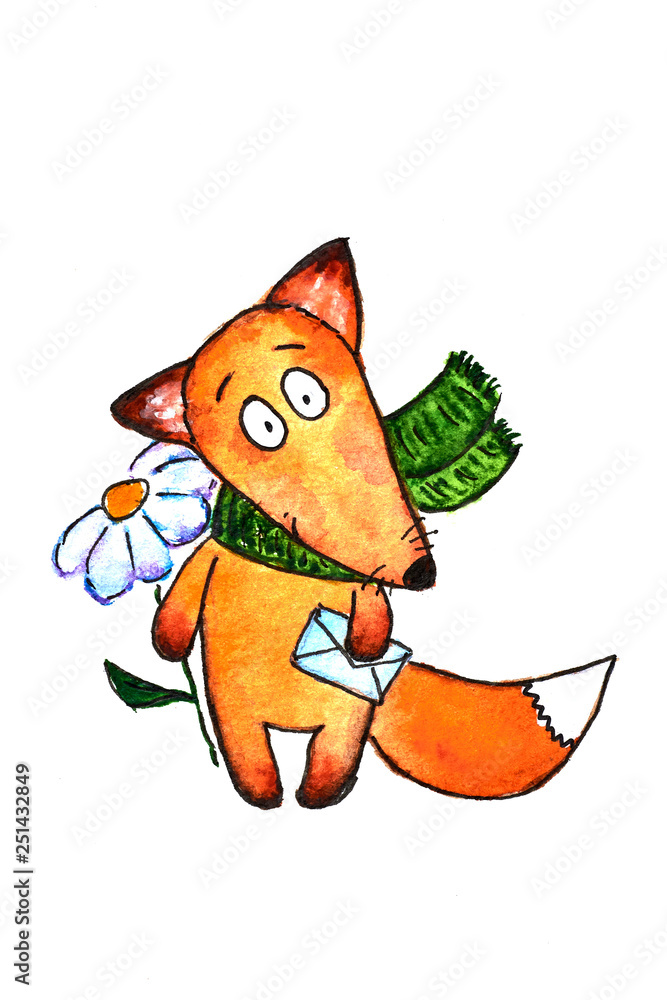 Obraz Watercolor postcard illustration with cute little cartoon fox with chamomile flower