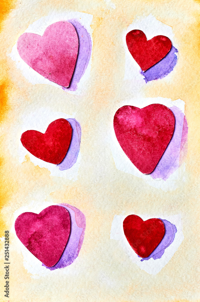 Watercolor postcard illustration with set of 6 hearts Watercolor postcard illustration with set of 6 hearts