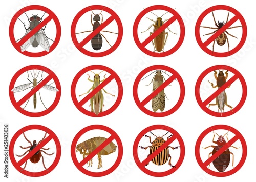 Collection of red warning signs about harmful insects. Vector illustration