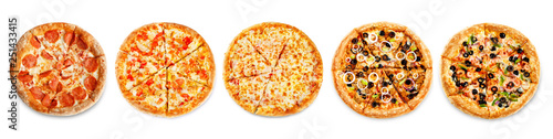 Set of pizzas: pepperone, cheese, chicken and tomatoes, tuna, shrimp