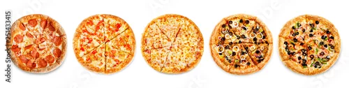 Obraz  z motywem Set of pizzas: pepperone, cheese, chicken and tomatoes, tuna, shrimp