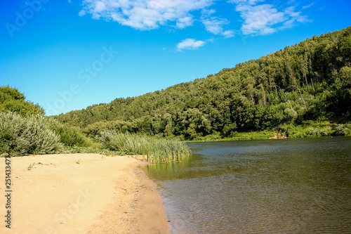 Beautiful summer landscape  sandy beach  river  blue sky
