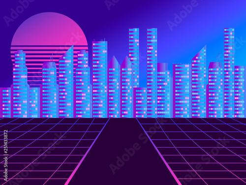 Retro futuristic city in the style of the 80s. Cyberpunk and retro wave style. Cityscape of the future megapolis against the backdrop of the sunset. Vector illustration