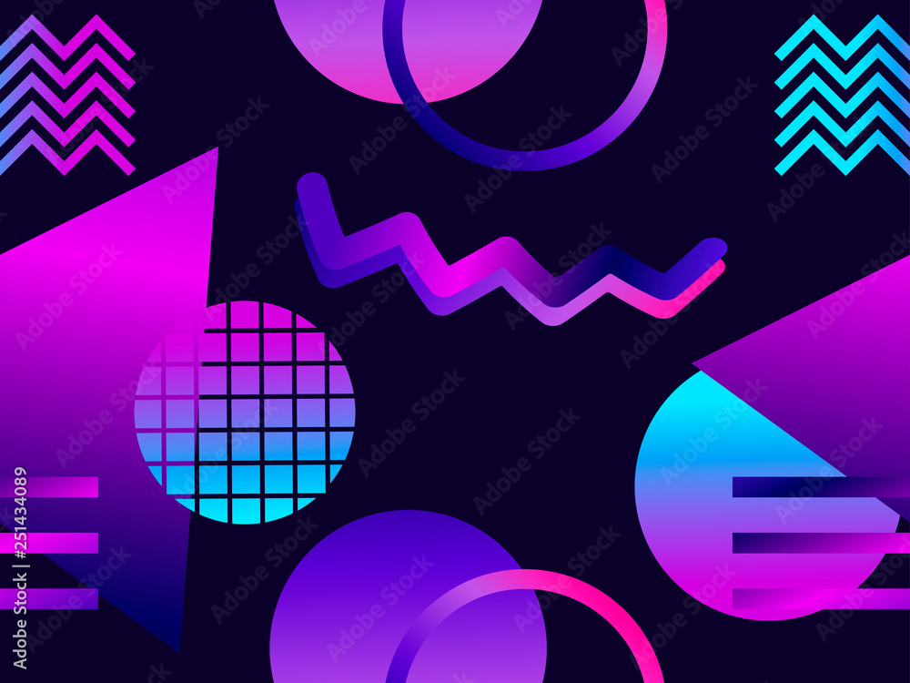 Fototapeta premium Futuristic seamless pattern with geometric shapes. Gradient with purple tones. Synthwave retro background. Retrowave. Vector illustration