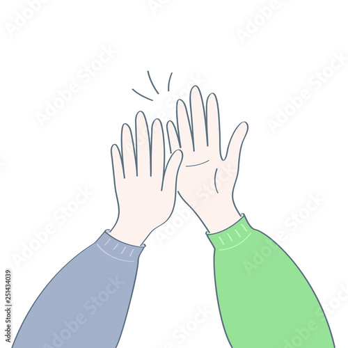 Clapping hands. Giving high five, good job, successful team work, togetherness icon, celebrating reward, startup success, good teamwork result, engaging in team building concept. Flat illustration.