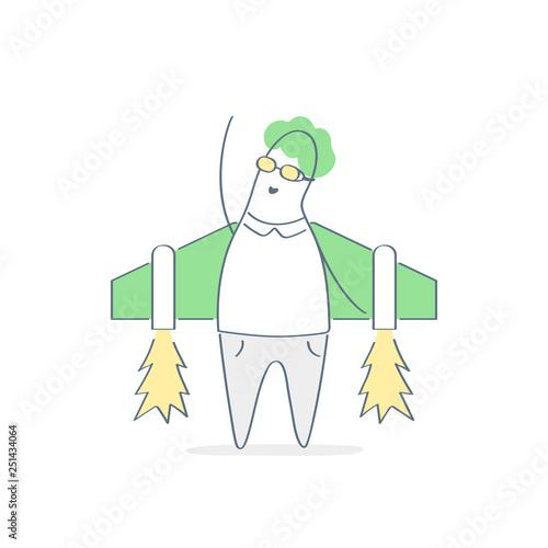 Businessman aviator with Jetpack on his back. New business launch, career boost, start up and growth, new beginnings, rocket up, new adventures concept. Cartoon doodle vector on white.