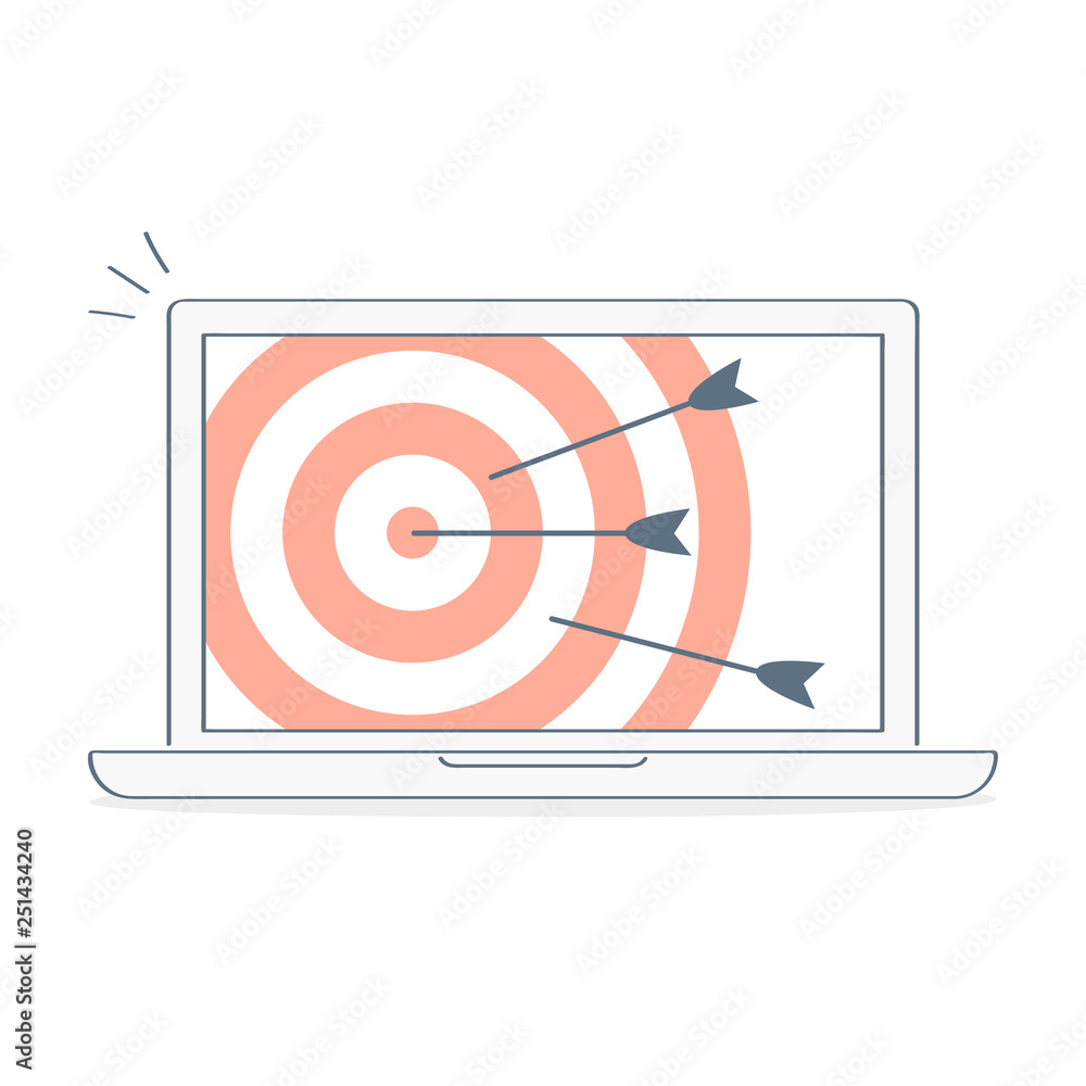 Target hit in the center of computer display by arrows. To reach business goal, aimed shot Target hit in the center of computer display by arrows. To reach business goal, aimed shot