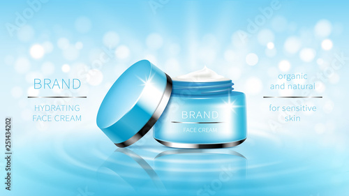 Vector cosmetic banner with 3d realistic blue open jar for skin care cream, ready mockup for promotion brand. Beauty product concept illustration with wavy water surface and bokeh for glossy magazine