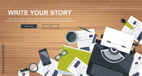 Write your story business banner for journalism and blogging. Flat vector illustration