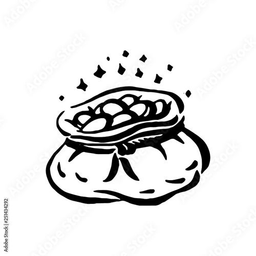 Vector hand drawn Witch and magic item a bag of gold illustration on white background.