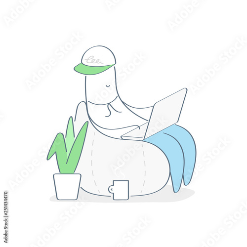 Cute man is working at his laptop in easy chair, freelance office interior with work, networking, web surfing process illustration