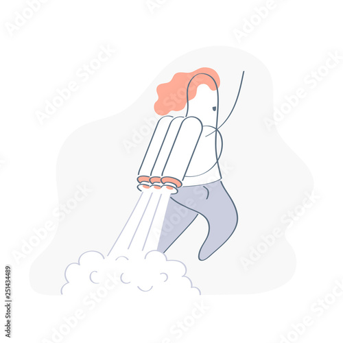 Cartoon businesswoman flying off with jet pack, business career boost, start up and growth, woman flying up by rocket and taking off