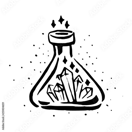 Vector hand drawn Witch and magic flask potion with crystals item illustration on white background.