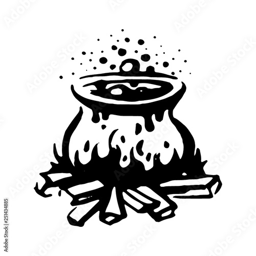 Vector hand drawn Witch and magic item brew in boiler illustration on white background.
