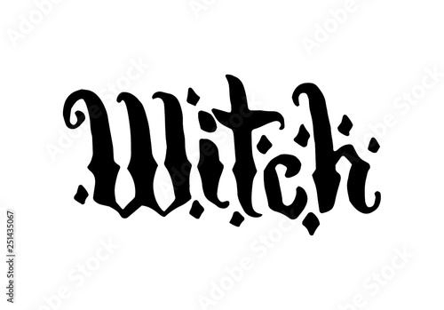 Vector hand drawnWitch and magic hat item illustration with lettering on white background.