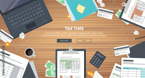 Tax payment. Government, state taxes. Data analysis, paperwork, financial research, report. Businessman calculation tax return. Flat design. Tax form vector. Payment of debt.