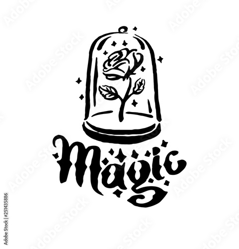 Vector hand drawn Witch and magic item rose in a flask illustration on white background.