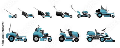 Various types of lawn mowers isolated on white background. Mowed grass. Gardening grass-cutter. Flat vector illustration.
