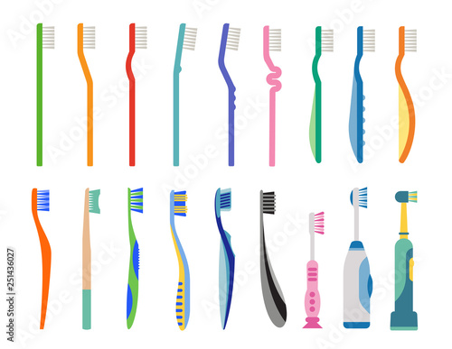 Set of several toothbrush flat ilustrations. Products for oral hygiene. photo