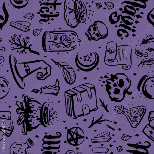 Vector hand drawn illustration of Witch and magic item illustration seamless pattern 