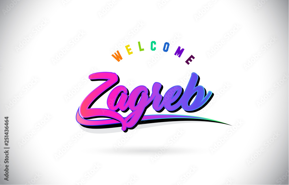 Zagreb Welcome To Word Text with Creative Purple Pink Handwritten Font and Swoosh Shape Design Vector. Zagreb Welcome To Word Text with Creative Purple Pink Handwritten Font and Swoosh Shape Design Vector.