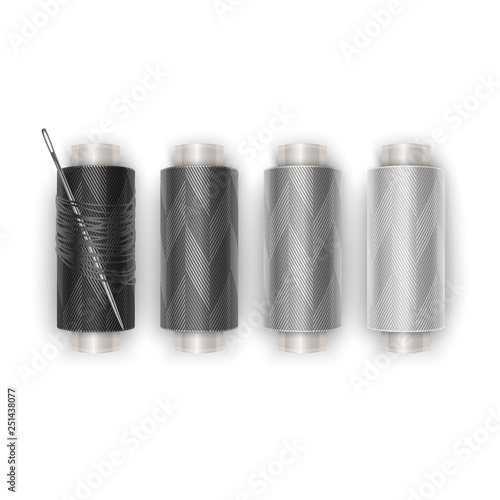 Color sewing threads on white background, gradient transition from black to white, top view. Vector illustration