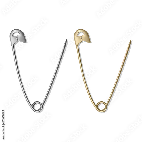 Realistic safety pins for clothes, gold and silver colors isolated on white, vector illustration