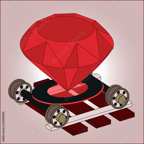 Ruby on rails full color isometric 3D art. Real jewel gem on wheel pairs on ties. Programming language framework for web backend server software development. RoR symbol logo of www internet graphic