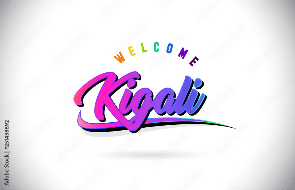 Kigali Welcome To Word Text with Creative Purple Pink Handwritten Font and Swoosh Shape Design Vector. Kigali Welcome To Word Text with Creative Purple Pink Handwritten Font and Swoosh Shape Design Vector.